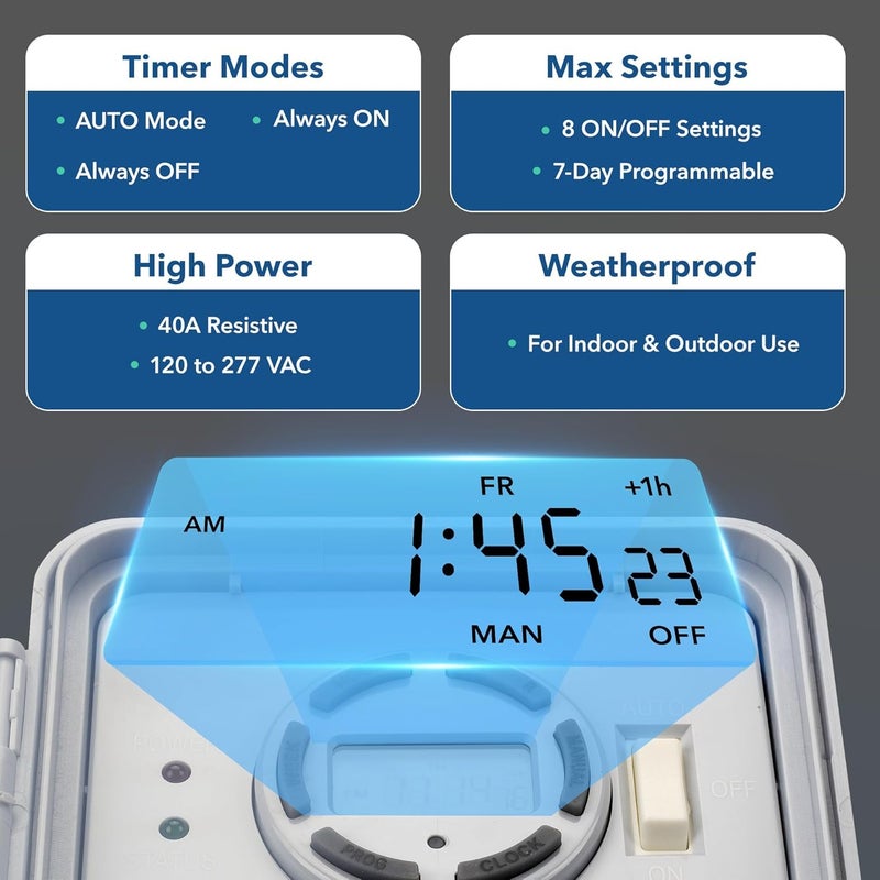 BN-LINK Pool Pump Timer Outdoor Digital Timer Box, Heavy Duty 7 Day Programmable, 2HP 40A Max, 120, 240, 277 VAC, for Pool Pump, Water Heater, Fans, SPA - Image 2